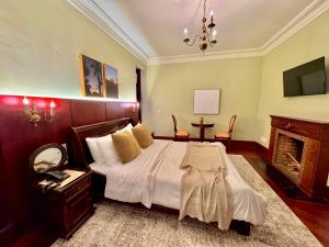 a bedroom with a large bed and a fireplace at Aroso Paço Hotel in Pedra Azul