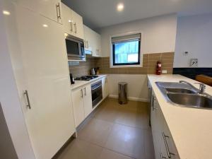 スレッドボにあるBlues Air 3B - Thredboの白いキャビネットとシンクを備えた小さなキッチン +8枚の写真