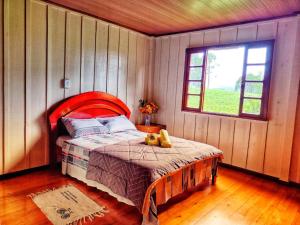 Piraí do SulにあるPousada Sitio Campina da Casaのベッドルーム1室(赤いヘッドボード付きのベッド1台、窓付)