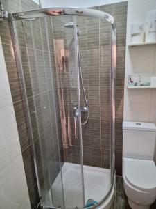 eine Duschkabine im Bad mit WC in der Unterkunft Beachfront Apartment in Sarandë