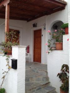 a front door of a house with potted plants at Pantazis Studios in Aegina Town