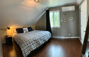 a bedroom with a bed with a checkered blanket and a window at Night Sky Cottage in Saint-Joachim