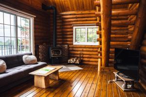 a living room with a couch and a fireplace in a log cabin at 貸ログハウス奏 in Izunokuni