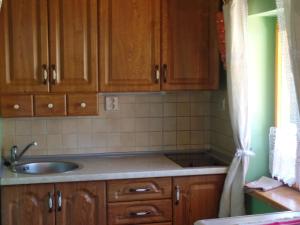 a kitchen with wooden cabinets and a sink at Chata pod Belianskymi Tatrami in Ždiar