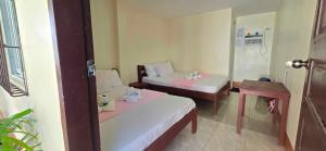 a room with two beds and a table and a mirror at OYO 1121 JUNLYN APARTELLE in Panglao Island
