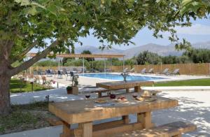 a picnic table under a tree next to a pool at Sofi Hotel in Neokhórion