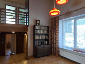 a living room with a book shelf and a window at Viirpuu puhkemaja in Kuressaare