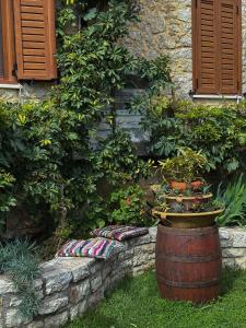 a barrel sitting in the grass next to a house at Villa Eva's in Himare +104 photos