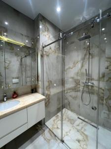 ein Badezimmer mit Dusche und Waschbecken in der Unterkunft tirana delijorgjis appartment in Tirana + 13 Fotos