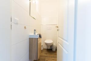 a white bathroom with a toilet and a door at Am Hinrichsberg unten in Staberdorf