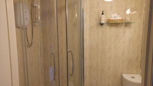 una ducha con puerta de cristal en un baño en The Westbourne Guest House, en Llandudno 77 fotos más