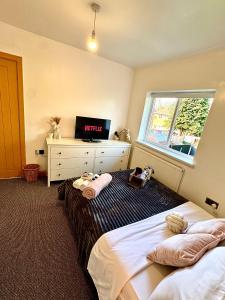 Un dormitorio con dos camas y un televisor y una ventana. en Fortune Haven- 3BDR HOME- Special Offer 4 Contractors & Long Stay- dm, en Nottingham