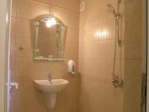 uma casa de banho com um lavatório e um chuveiro com um espelho. em Hotel Ertancom em Blagoevgrad