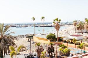 a beach with palm trees and a body of water at Ocean Nomads Coworking in Arona