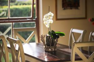 a vase with white flowers on a wooden table at Knysna - Views Views Views! in Knysna