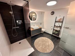 a bathroom with a shower and a sink and a mirror at Ferienwohnung Storchennest in Eisfeld +24 photos