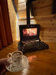 a person holding a cup of coffee and a stove at İRDEN BUNGALOV in Ardeşen