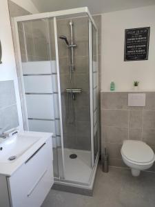 ThéniouxにあるAuthentique maison éclusièreのシャワー、トイレ、洗面台付きのバスルーム +25枚の写真