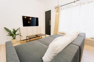 a living room with a couch and a flat screen tv at City-Apartment Kreuzviertel-Lädchen-60 qm in Münster