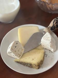 a plate of cheeses and ice cream on a table at Cascina del Riccio-Agriturismo Casa Raffaele in Ghizzano
