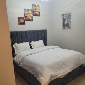 a bed in a bedroom with three pictures on the wall at Royal Palace in King Abdullah Economic City +20 photos