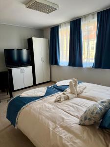 a bedroom with a large bed and a flat screen tv at Miyabi 1 in Maribor +2 photos
