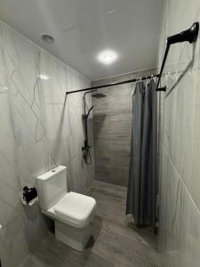 a bathroom with a toilet and a shower at Nirvana Lake View in Sevan +21 photos