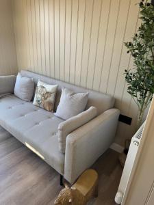 coastal view shepherds hut with hot tub的休息区
