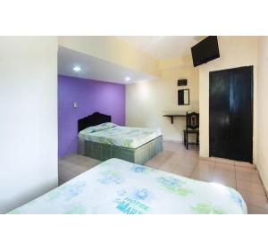 a bedroom with two beds and a purple wall at OYO Hotel San Martin in Veracruz