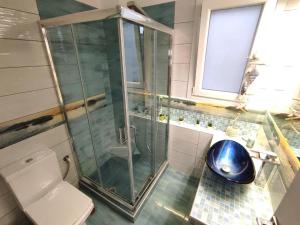 a bathroom with a glass shower and a toilet at Fantastic View Suite Kythnos in Kithnos +69 photos