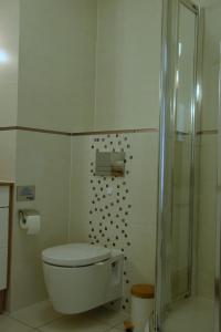 Un baño con inodoro y ducha de cristal. en Apartament w Niechorzu przy latarni z garażem, en Niechorze 8 fotos más