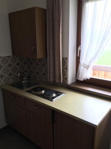 a kitchen with a sink and a window at Hubergut Appartements in Radstadt