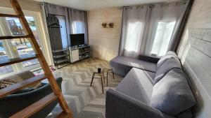 a living room with a couch and a tv at Tiny house near Viljandi lake in Viljandi