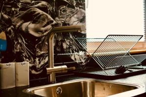 a dish drying rack next to a kitchen sink at Fabians Ferienhaus - 4 besondere Ferienwohnungen in Simmerath +111 photos