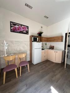 a kitchen with a table and two chairs and a refrigerator at Arcadia City Hotel in Odesa