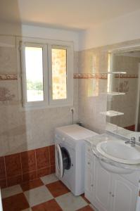 een badkamer met een wasmachine en een wastafel bij Gîte de la brasserie in Prayssac