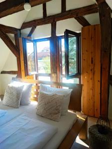 a bedroom with two beds in a room with windows at Ferienwohnungen Ostengasse 22 in Regensburg