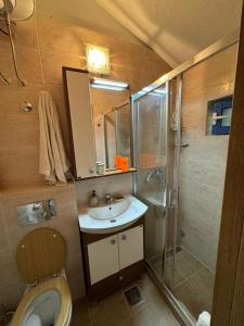a bathroom with a toilet and a sink and a shower at Mediterranean Beach House in Perazića Do