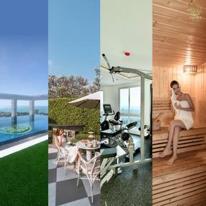 a collage of three pictures of a woman sitting in a house at 2 Bed Room Sea View Wonder in Jomtien Beach