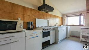 a kitchen with a stove and a microwave at L'ouastadet in Aspret-Sarrat
