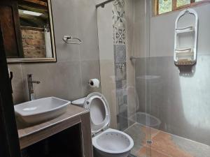 a bathroom with a toilet and a sink and a shower at Cabañas Campestres Yugos in Sutatausa +48 photos