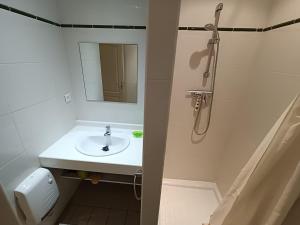 a bathroom with a sink and a shower with a mirror at Granny in Pibrac