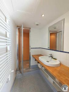 a bathroom with a sink and a shower at Le cagire in Labarthe-Rivière +2 photos