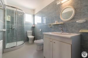 een badkamer met een wastafel, een toilet en een spiegel bij Saint martin in Beaumont-sur-Lèze