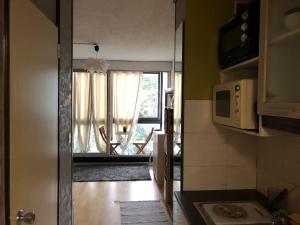 a kitchen with a view of a living room at Studio opposite Thermes and Casino in Royat