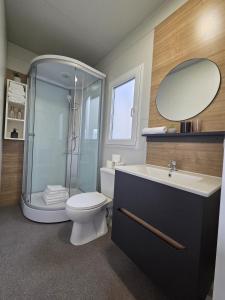 a bathroom with a toilet and a sink and a shower at Mobile house Jasna in Kalnik