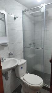 ein Badezimmer mit Toilette, Waschbecken und Dusche in der Unterkunft HOTEL DUX in Tunja + 26 Fotos