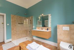a bathroom with a shower and a sink and a mirror at Château sud in Cessales +43 photos