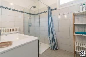 a bathroom with a shower and a sink at Les hortensias in Aussonne +19 photos