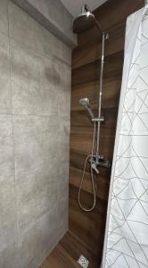 a shower in a bathroom with wooden walls at Depto Colon in Mar del Plata